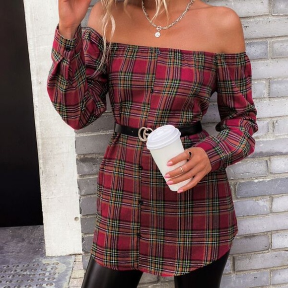 Cozy Plaid Off Shoulder Button up Top - Picture 4 of 4